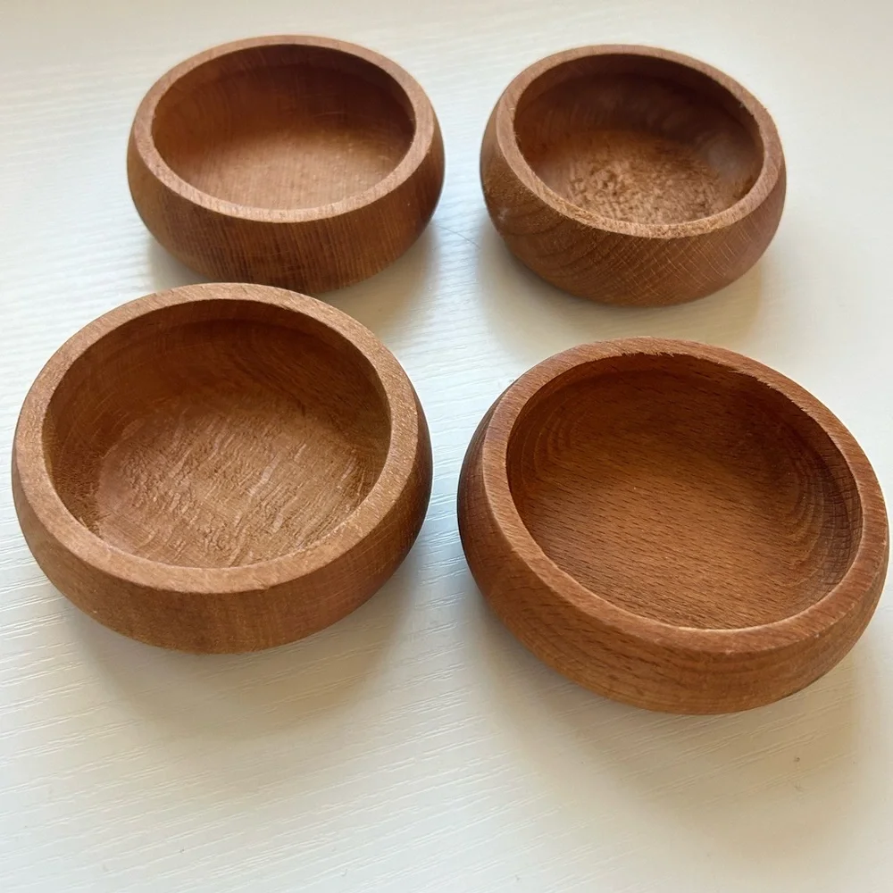 Lot Of 4 Wooden‎ Carved Pinch Salt Bowls MCM Boho Natural